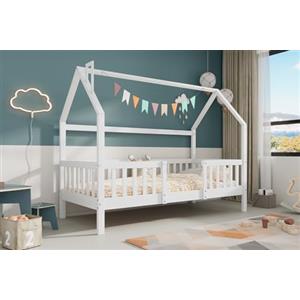 NuvlaGu Lettino per bambini con camino, robusta rete a doghe, in legno di pino per bambini, 90 x 200 cm, senza materasso, bianco (senza cassetti)