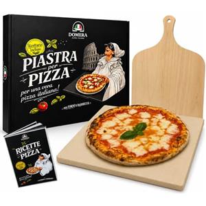 Domera gusto italiano Domera-Pietra Refrattaria per Pizza in Forno e Barbecue in Cordierite+Pala in Betulla -Fino a 900°- Cottura Perfetta per Pizza Pane Focacce - 38x30 cm