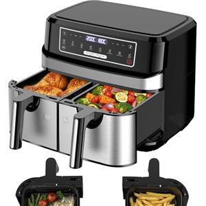 Emphsism Friggitrice Ad Aria 9L | Friggitrice Aria Doppio Cestello con 2x4,5L Cestello, 8-in-1 Airfryer Controllo Indipendente Temperatura 50-200℃, Grande Doppia Zona 2600W Air Fryer LED Schermo Touch Timer
