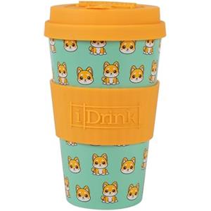 IDRINK®- Tazza in RPET per caffé con tappo in silicone apribile, facile da portare 435 ml, Mug takeaway plastica riciclata 8.7 x 8.7 x 15 cm ergonomica 435 ml (Shiba)