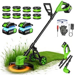 reffmov Decespugliatore a Batteria con Ruota,36CM Tagliaerba a Batteria con 2 × 3,0 Ah Batteria e Caricatore,Motore Brushless da 800W,Decespugliatore Elettrico con 8 Bobine di Ricambio per Giardino e Prati