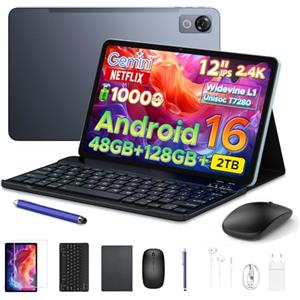 POPUX P12 Tablet Android 16, 120Hz 2.4K Tablet 12 Pollici, FHD,2000 * 1200,T7280 Octa-Core Tablet Gaming con 48GB+128GB/2TB, 10000mAh, Gemini AI, Widevine L1,Tablet con Tastiera e Penna,WiFi5, Grigio