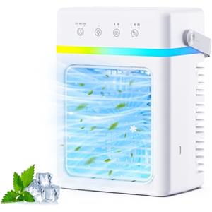 CURVAOP Condizionatore Portatile 900ml Silenzioso, Raffreddatore D'aria 3 Velocità & 3 Modalità, Climatizzatore USB con Nebulizzazione 4μm, Luci LED & Risparmio Energetico, Ideale per Casa, Ufficio, Campeggio