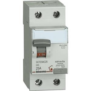 bticino Interruttore differenziale salvavita 2p tipo ac in 25a Idn 30ma vn 230/400 vac 2 moduli bticino gc723ac25