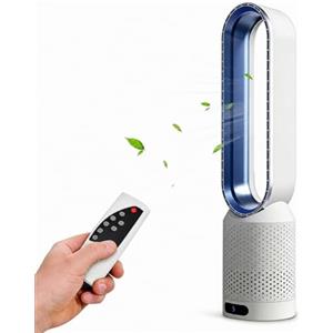 XOQUAI Ventilatore a torre, silenzioso, senza pale, funzione timer, 8 velocità e oscillazione di 90°, schermo touch LED e telecomando, ioni negativi, purificatore, 14,5 x 58 cm (blu)