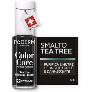 PODERM Smalto Cura per Unghie con Tea Tree - Nero | Swiss Lab - 8ML | Arricchito con Tea Tree, Silicio & Biotina | Purifica, Schiarisce & Nutre le Unghie Gialle | Creato da una Podologa