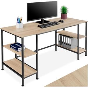 tectake® Scrivania 137 x 55 x 75 cm, Stile Industriale, Scrivania gaming, Tavolo da lavoro, perfetta per casa e ufficio, ideale per computer portatile e computer fisso, 4 ripiani - Legno Chiaro