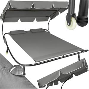 tectake® Lettino Prendisole Doppio con 2 Cuscini da Esterno, Robusto Telaio in Metallo, Comode Rotelle, Tenda da Sole Pieghevole, Resistente agli Agenti Atmosferici - Nero/Grigio