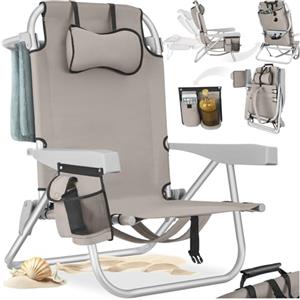 tectake® Sedia da Spiaggia, Spiaggina Pieghevole Funzione Zaino, Sedie da Giardino, Telaio in Alluminio, Sdraio Da Spiaggia, Schienale Regolabile, Sdraio pieghevole, Borsa Termica, Sedia Mare - Beige