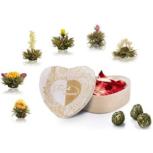 Creano Mix Fiori di Tè - Set Regalo a Forma di Cuore con 6 Fiori di Tè Bianco - Tè Sfuso Gourmet in Confezione Decorativa Perfetta per Regalo Donna