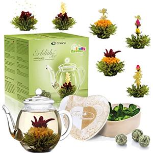 Creano Set Regalo Fiori di Tè - Miscela di 6 Tè Verdi con Fiori in Elegante Scatola di Legno + Teiera in Vetro 500ml