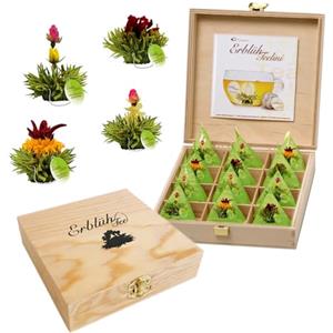 Creano Fiori di Tè Tèlini in un Formato di Tazza - Set regalo in una Scatola da Tè di legno - 12 fior di Tèlini di 4 Tipi diversi - Tè verde