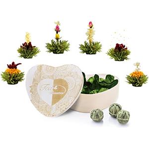 Creano Mix Fiori di Tè Verde - Set Regalo a Forma di Cuore con 6 Fiori di Tè Verde- Tè Sfuso Gourmet in Confezione Decorativa Perfetta per Regalo Donna