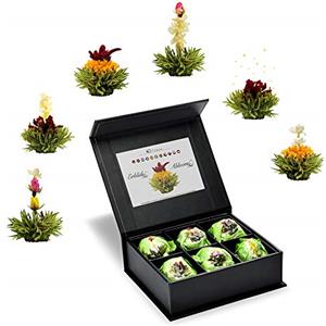 Creano Set Regalo 6 Fiori di Tè Verde in Scatola Magnetica Elegante con Goffratura Argento - Tè Fiori Artigianali, Idea Regalo Raffinata