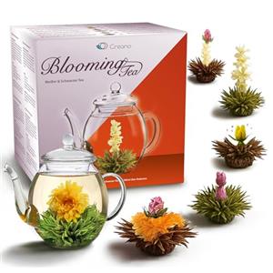 Creano - Mix di fiori di tè - Set Regalo Té Fiorito con bricco di vetro 500ml - Variazioni di 3x Tè bianco e 3x Tè nero (6 tipi diversi)