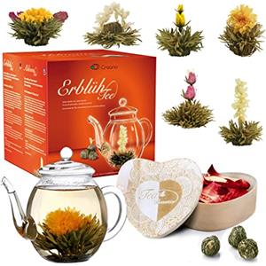 Creano - Set Regalo Fiori di Tè in una Scatola di Legno a Forma di Cuore - 6 tipi di Tè Bianco incl. Teiera in vetro 500ml - regalo per donna