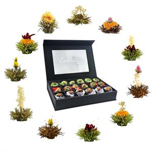 Creano Set Regalo 18 Fiori di Tè Bianco, Verde e Nero in Scatola Magnetica Elegante con Finestra e Goffratura Argento - Tè Gourmet per Regalo e Occasioni Speciali