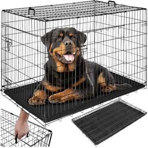 tectake Gabbia per cani pieghevole con design a griglia in acciaio, vassoio di base rimovibile per la pulizia e 2 porte con doppia chiusura, gabbia portatile per gatti, conigli e cani con 2 maniglie