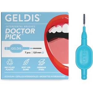 GELDIS Scovolini Dentali Doctor Pick - Scovolino Interdentale per Pulizia Denti, Scovolino Denti per Igiene Dentale, Rimuovi Tartaro Denti, 7 pezzi - Con Cappuccio (Azzurro, 0,8mm)