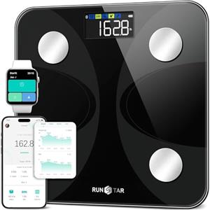 RunStar Bilancia pesapersone e percentuale grasso, Bilancia smart digitale e precisa con ampio display, Analizzatore di 13 dati di composizione corporea, Sync App