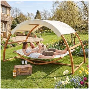 tectake® Amaca da Esterno per 2 Persone, Amaca XXL 328 x 160 x 172 cm, con Tettuccio Parasole, Struttura in Legno Robusta, Tessuto Traspirante e Idrorepellente, 2 Comodi Cuscini, Capacità Max 250kg