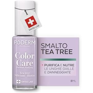 PODERM Smalto Cura per Unghie con Tea Tree - Lilas | Swiss Lab - 8ML | Arricchito con Tea Tree, Silicio & Biotina | Purifica, Schiarisce & Nutre le Unghie Gialle | Creato da una Podologa