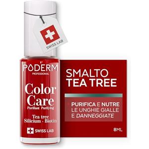 PODERM Smalto Cura per Unghie con Tea Tree - Ciliegia Rossa | Swiss Lab - 8ML | Arricchito con Tea Tree, Silicio & Biotina | Purifica, Schiarisce & Nutre le Unghie Gialle | Creato da una Podologa