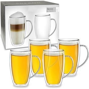 Creano Set 4 Tazze con Manico Cappuccino 250ml Doppia Parete in Vetro Borosilicato - Bicchieri con Manico Termici Isolanti per Caffè Tè Latte - Design Elegante Regalo Premium - Set 4x 250ml