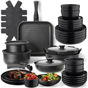 tectake® Set cucina x 6 persone 41 pezzi, stoviglie e pentole, 24 pcs tra piatti e ciotole, x microonde e lavastoviglie, 17 pcs tra padelle, grill, coperchi pentole manici removibili - Nero/Tortora