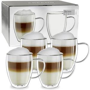 Creano Tazza Thermos a Doppia Parete in Vetro Borosilicato con Manico - 4x 250ml DG-SH - Set 2 Pezzi per Cappuccino Caffè Tè Latte Bicchieri Isolanti Trasparenti Design Elegante Regalo Perfetto