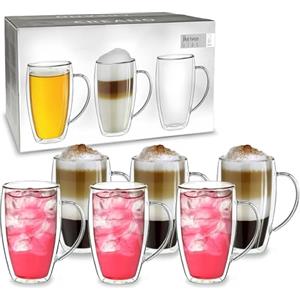 Creano Set 6 Tazze con Manico Cappuccino 400ml Doppia Parete in Vetro Borosilicato - Bicchieri con Manico Termici Isolanti per Caffè Tè Latte - Design Elegante Regalo Premium - Set 6x 400ml