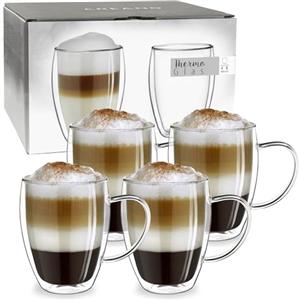 Creano Tazza Thermos a Doppia Parete in Vetro Borosilicato con Manico - 4x 400ml DG-SH - Set 4 Pezzi per Cappuccino Caffè Tè Latte Bicchieri Isolanti Trasparenti Design Elegante Regalo Perfetto