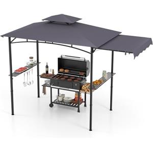 HOMASIS Gazebo per Barbecue con Tettoia Laterale, Pergolato da Giardino con Doppio Tetto, 2 Tavoli e Ganci, Pergola Addossata per Esterno, Gazebo per griglia/BBQ (Grigio Scuro, 318 x 153 x 250 cm)