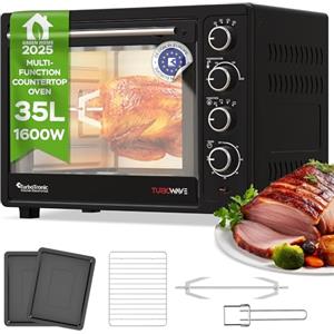 TurboTronic By Z-LINE TurboTronic Forno Elettrico da Tavolo con Ventilazione e Girarrosto - 35 Litri, 1600W, Mini Forno per Pizza e Camping, Nero con 2 Teglie