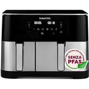 Instant Pot Vortex Dual 11L Friggitrice ad Aria senza PFAS, Grande due cestelli, 7 L+4L, 8 in 1 - disidratazione, grigliatura, cottura al forno, rivestimento antiaderente - Acciaio Inossidabile