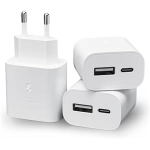 Sanronang 3 Pezzi Caricatore USB C, 2-Porte USB-A&USB-C Alimentatore 25W per Apple iPhone 16/16e/16 Pro/16 Pro Max/16 Plus/15/14/13/12/11/SE/XS/Max/X/iPad, Samsung, Caricabatterie Rapido Alimentatore Presa