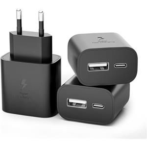 Sanronang 3 Pezzi Caricatore USB C, 25W Caricabatterie a Ricarica Super Veloce per Sumsamg Galaxy S25/S24/S23/S22/S21/S20 Ultra/S10/S9/A56/A55/A54/A36/A35/A26/A25/A16, 2-Porte USB-C&USB-A Alimentatore Spina