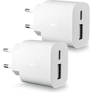 Sanronang 2 Pezzi Caricatore USB C, 2-Porte USB-C&USB-A Alimentatore USBC 25W per Apple iPhone 16/16e/16 Pro/16 Pro Max/16 Plus/15/14/13/12/11/SE/XS/Max/X/iPad, Caricabatterie Rapido Alimentatore Presa
