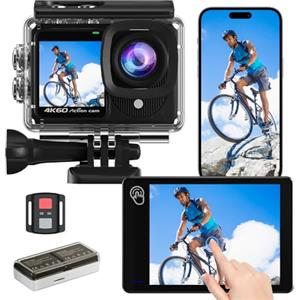 TIMNUT Dualscreen 4K60FPS Action Cam, Fotocamera Subacquea 40M,48MP Touchscreen WiFi Videocamera con EIS, zoom 8X, Impermeabile Telecamera Sportiva con 2 batterie da 1350 mAh