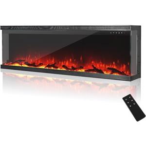 MachenFlame 60" Camino elettrico a 3 lati, inserto panoramico in vetro per montaggio a parete con fiamma a 9 colori, riscaldatore a camino indipendente, 900 W/1800 W, Nero