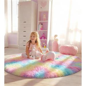 VOFUSHON Tappeto Camera da Letto 100x100 cm Arcobaleno, Tappeto Salotto Moderno Peloso e Tappeto Rotondo Bambini Lavabile a Mano Antiscivolo, Tappeto Tondo per Cameretta