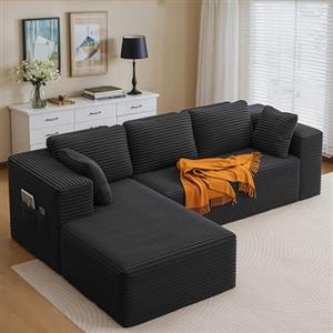 Xbro Divano Angolare a L 3 Posti Componibile, Divano con Chaise Longue Sinistra in Velluto a Coste, con Tasche Laterali e Cuscini, per Soggiorno Appartamento, 250x160x62 cm, Grigio Scuro