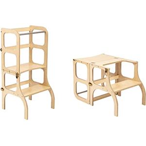 Ette Tete Torretta pieghevole con seduta, altezza in piedi 45 cm, Sgabello, sgabello pieghevole, torre montessoriana con seduta e tavolo pieghevole, legno betulla, verniciato UV, legno con finiture oro