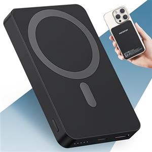 PORTENTUM Power bank per MagSafe 10000 mAh ultra-sottile 14 mm - Caricatore portatile magnetico ricarica rapida 22,5 W PD e QC - Powerbank wireless Qi 15 W - USB-C + USB-A compatibile iPhone