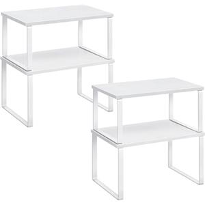 SONGMICS Organizzatori da Cucina, Set di 4 Scaffali da Banco, Portaoggetti per Armadietto, Impilabile, Espandibile, Metallo e Legno Ingegnerizzato, Bianco Nuvola e Bianco Neve KCS027W01