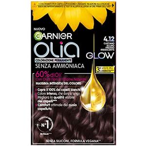 Garnier Olia Glow, Colorazione Permanente Senza Ammoniaca, Copre il 100% dei Capelli Bianchi, Con Oli di Fiore di Origine Naturale, Formula Vegana, Castano Scuro Freddo Iridescente