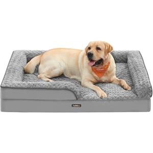 Feandrea Cuccia Cane Interno, Cuccia per Cani, Lettino per Animali, Ortopedico con Gommapiuma Ondulata, Bordi Rialzati, Copertura di Peluche Sfoderabile, 122 x 89 x 18 cm, Grigio Tortora PGW254G01