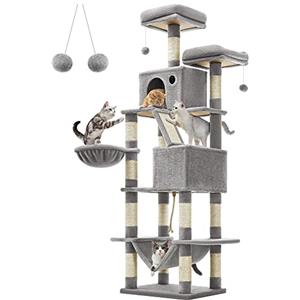 Feandrea Albero per Gatti, Alto 206 cm, Tiragraffi per Gatti Adulti, XXL, con 13 Graffiatoi, 2 Posatoi, 2 Grotte, Cesto, Pompon, in Peluche a Più Livelli per Interno, Grigio Chiaro PCT190W01