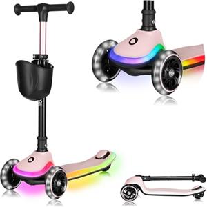 LIONELO Monopattino Bambino a 3 Ruote MEY per bambini da 3 anni fino a 50kg, Monopattino per Bambini con Illuminata e Ruote a LED, Altezza Regolabile, Pedana Antiscivolo, laggero, Cestino (MEY, Rosa)