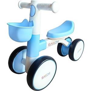 Baroni Toys Bici Senza Pedali a 4 Ruote per Bambini dai 3 Anni, Primi Passi con Luci e Suoni, Cestino Portaoggetti, Balanced Bike, Ideale per Sviluppo Motorio e Coordinazione, 55x22x42cm (Blu)